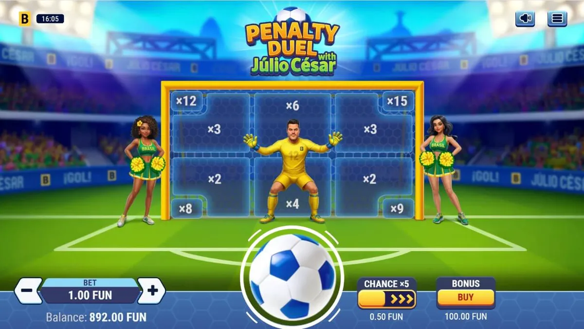 Interface do jogo Penalty Duel com Júlio César em um dispositivo móvel