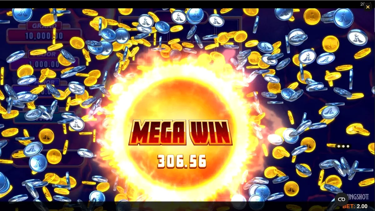 Interface do slot Eruption Blaze Cashingo com tema de vulcão e grade 5x5